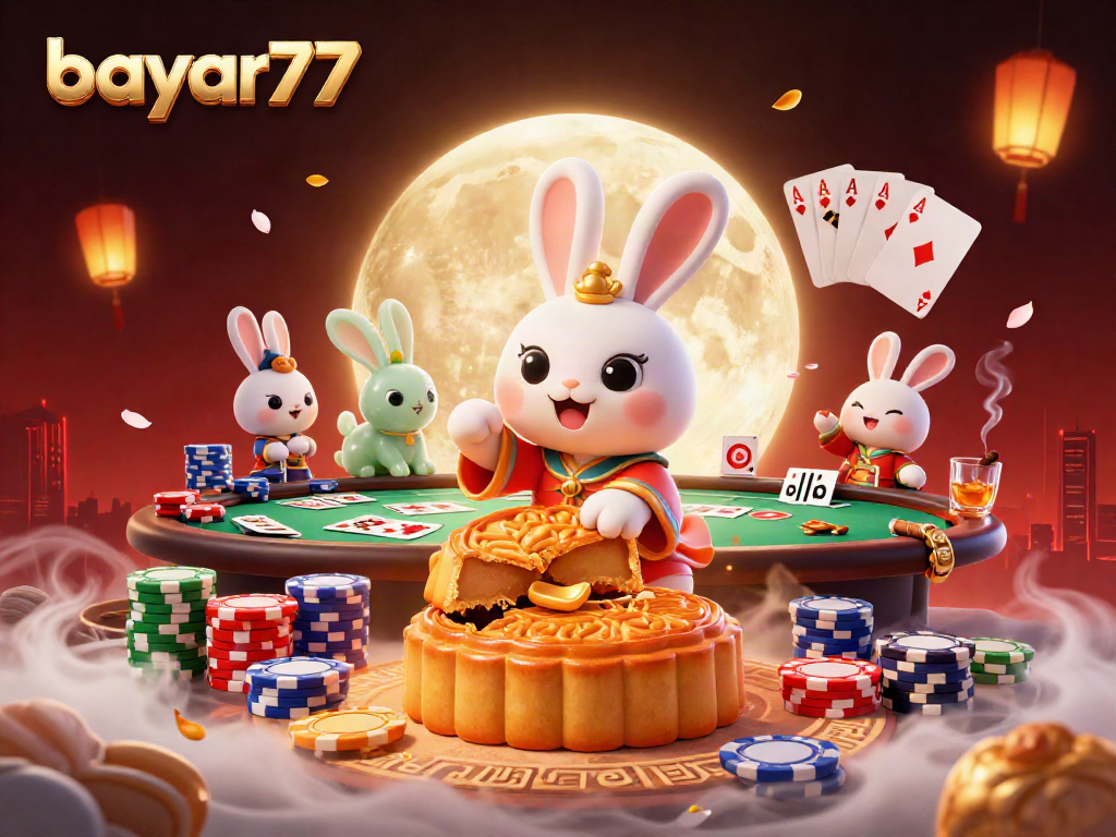 Bayar77 menghadirkan momen menang dengan chip poker dan karakter menarik dalam suasana kasino.
