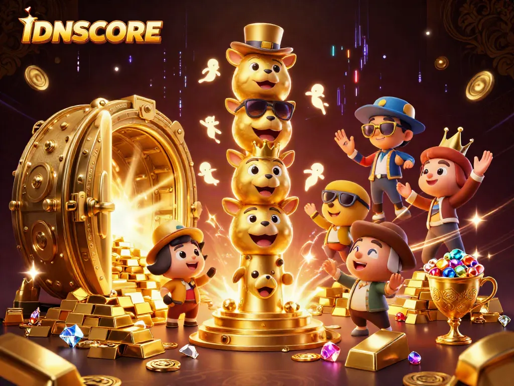 IDNSCORE's vibrant casino-themed illustration featuring a dynamic golden totem and treasure elements.