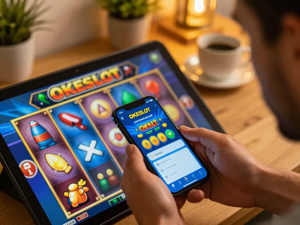 Engaged player spinning reels in the OKESLOT mobile app during a cozy home gaming session