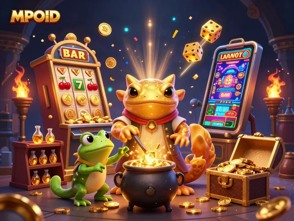 MPOID online casino scene showcasing golden alchemists and thrilling game elements.