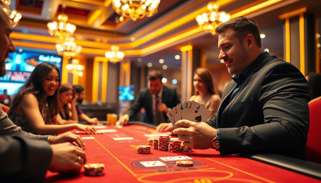Permainan kasino bbtn4d di meja mewah dengan dealer dan pemain bersemangat.
