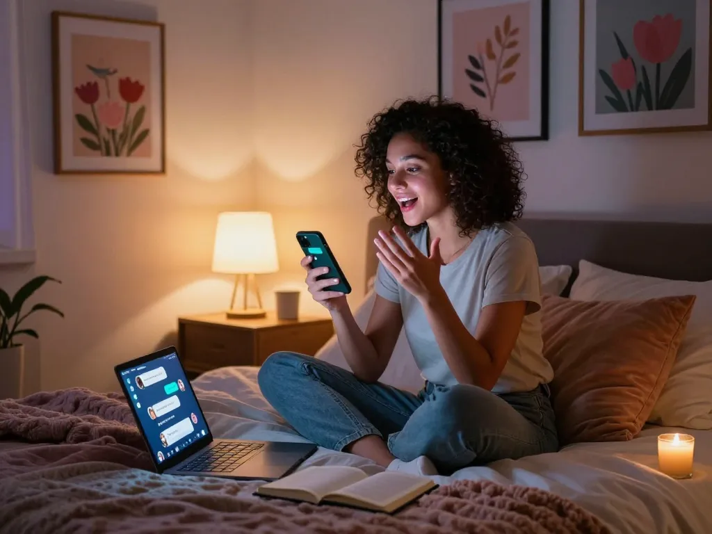 Engaging in ai sexting on smartphone in cozy bedroom setting