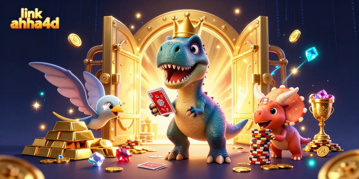 Permainan kartu mendebarkan bersama link ahha4d dengan karakter dino unik dan tumpukan koin emas yang memikat.
