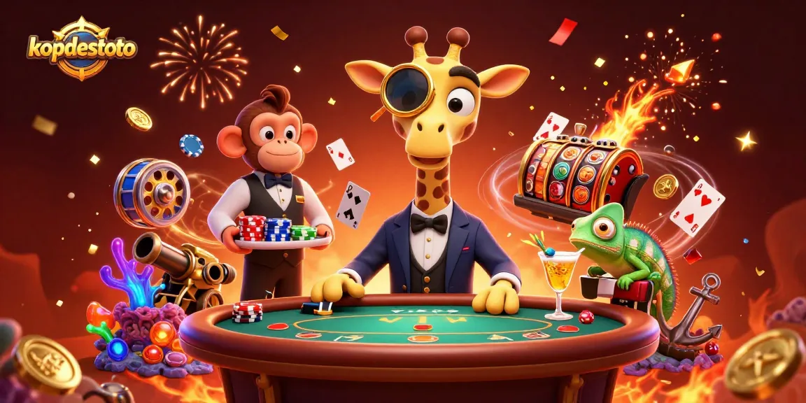 Join the excitement at kopdestoto as the giraffe plays high-stakes poker amidst floating cards and gold coins.