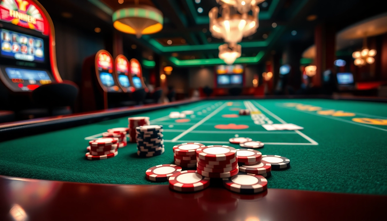 Mainkan tkp188 dengan kartu poker dan chip di meja kasino yang elegan.