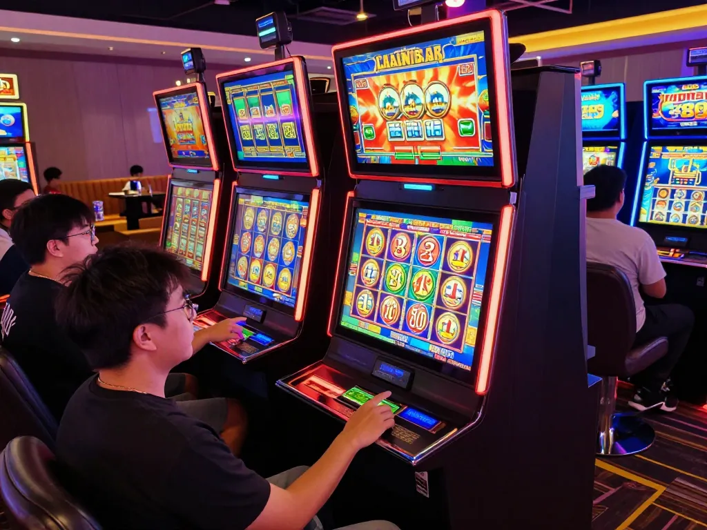 Players engaging with slot pulsa machines in a vibrant online casino atmosphere, capturing excitement.
