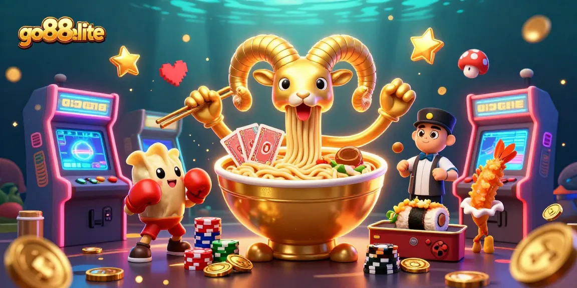 Engage with the vibrant go88elite casino scene featuring a playful ramen bowl dealer amidst colorful gaming elements.