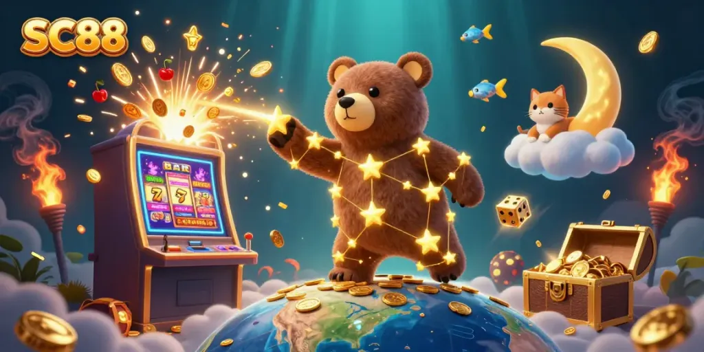 Engage in SC88's dynamic casino scene with stellar characters and a jackpot slot machine.