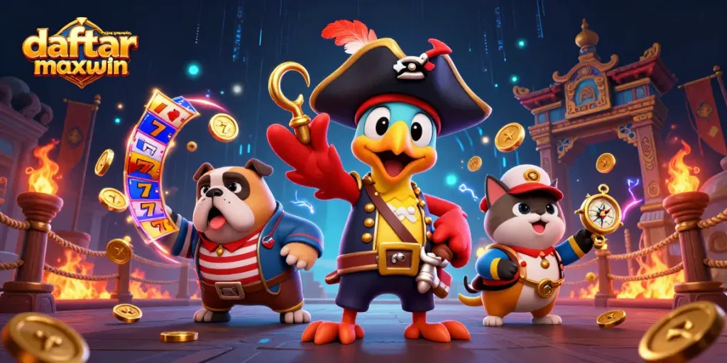Engage with daftar situs slot gampang menang maxwin featuring a colorful 3D pirate scene with casino elements