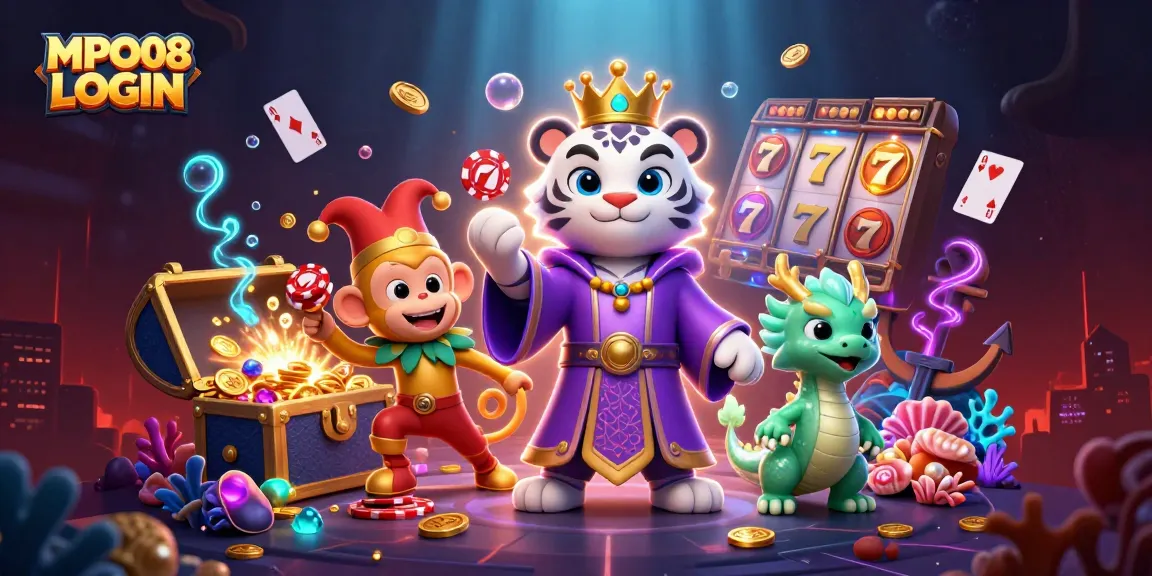 Experience the vibrant world of MPO08 LOGIN with a regal tiger, playful monkey, and jade dragon in this dynamic 3D casino scene.