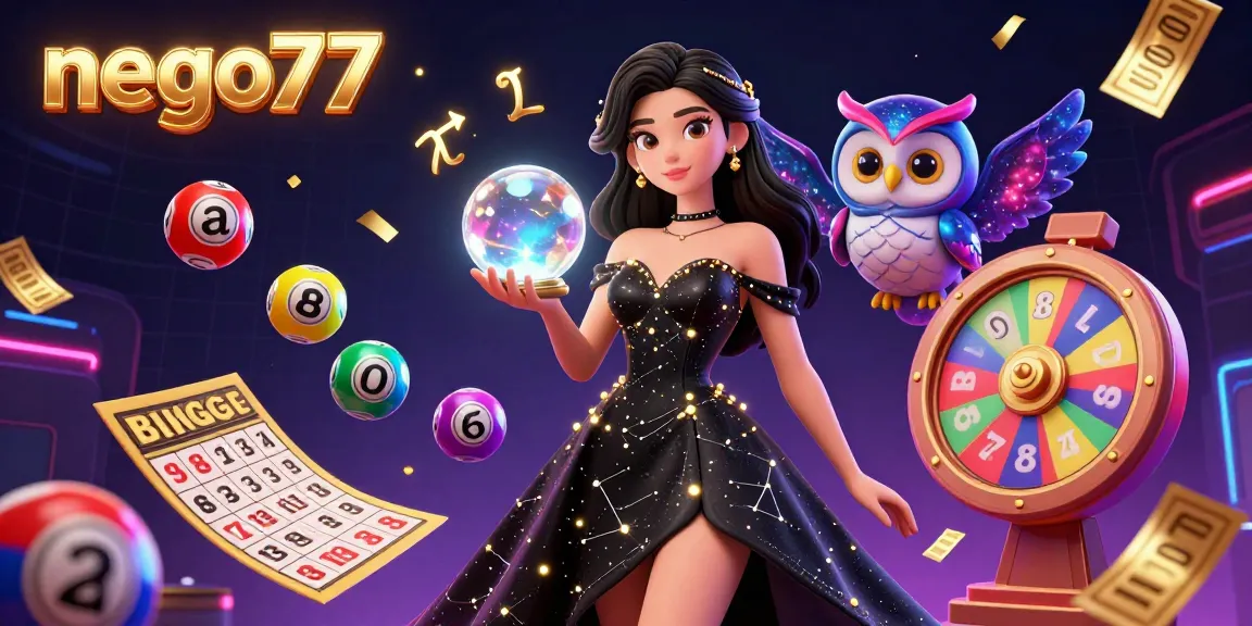 Nego77 captures the thrill of winning with vibrant lottery elements and a stunning mystical character in an energetic casino scene.