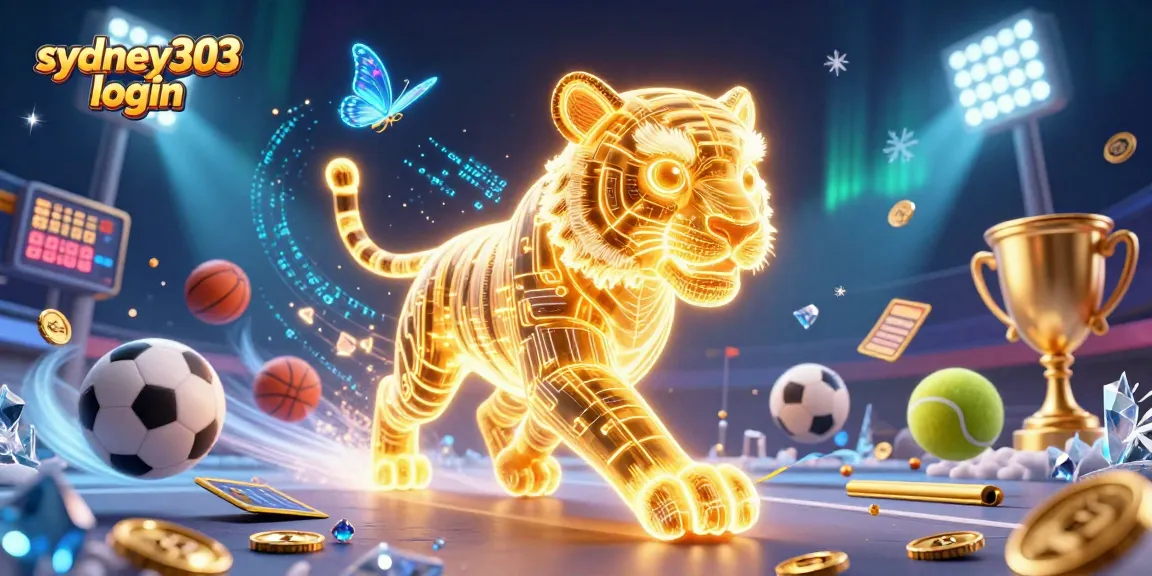 Masuk ke sydney303 login untuk judi olahraga, dengan macan emas dan bola olahraga melayang.