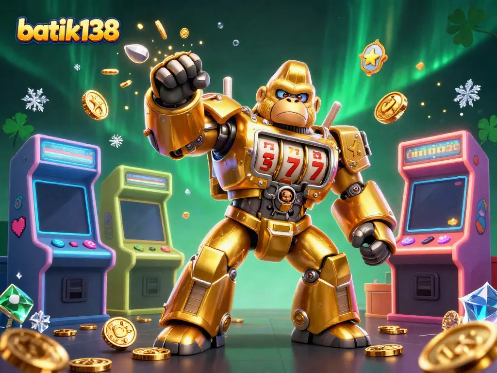 Mengarahkan ke kemenangan besar di batik138 dengan ilustrasi gorila emas menyusuri slot jackpot.