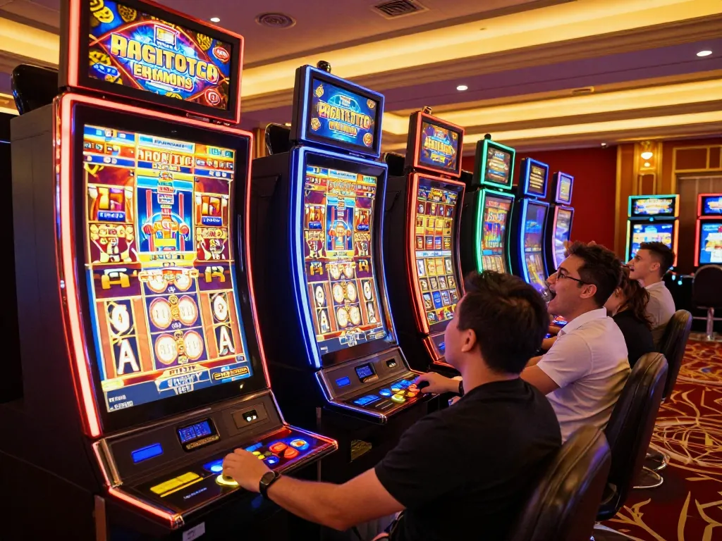 Players engaging with slot machines at BAYITOTO, capturing the excitement of jackpot wins.