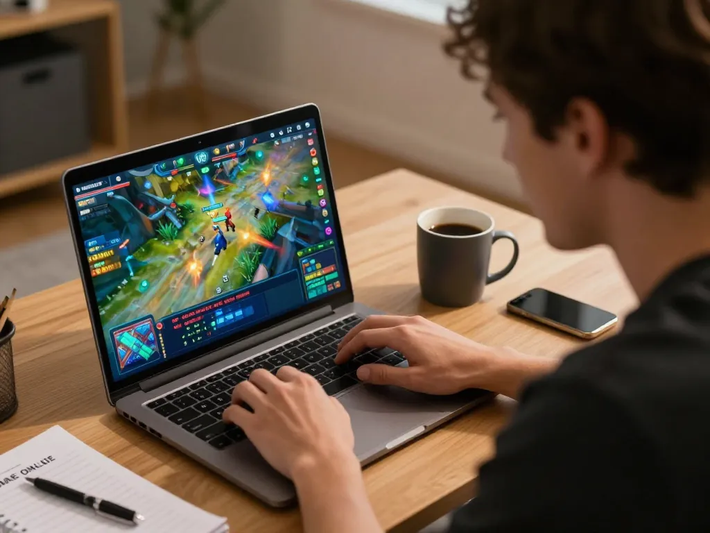 Engaging player enjoying GAME ONLINE on laptop, showcasing vibrant gaming interface and strategic notes.