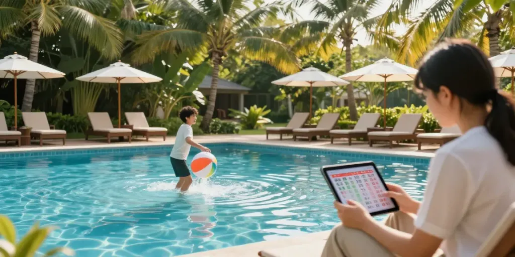 Orang memeriksa hasil toto macau di kolam renang tropical dengan suasana santai.