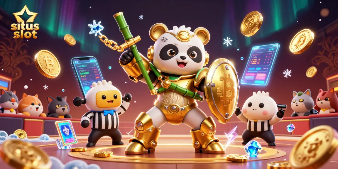 Temukan situs slot dengan ilustrasi karakter panda emas bertema kasino yang menggabungkan elemen perjudian menarik.