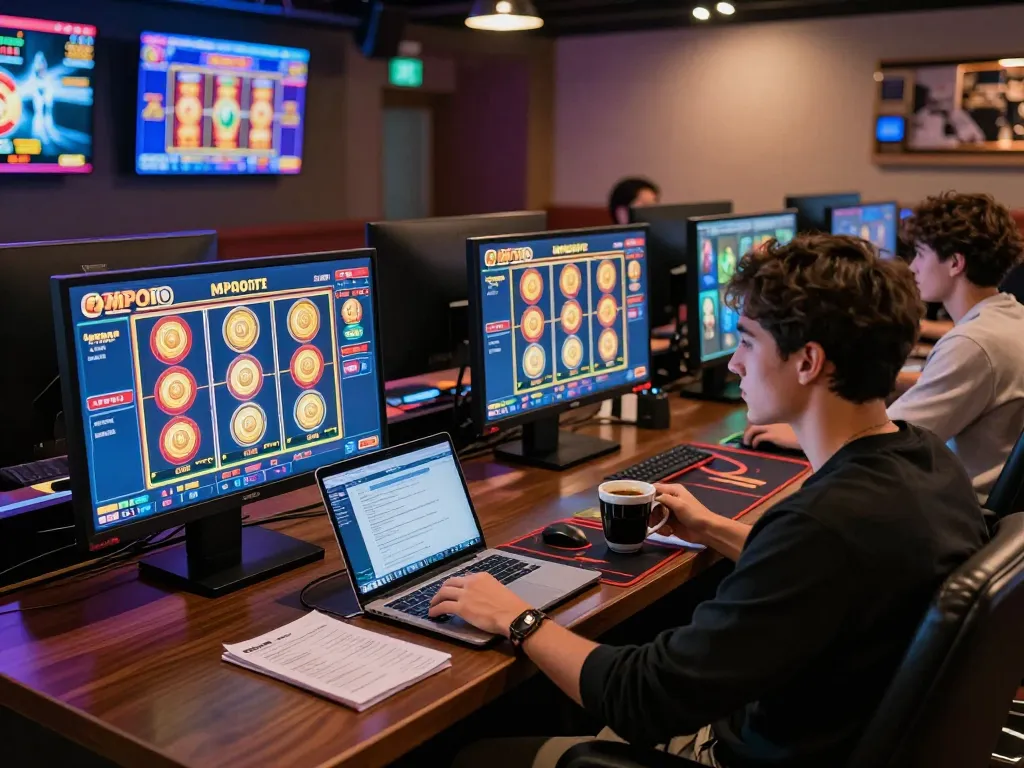 Engaging gameplay on mpoid slot interface during an online casino session in a cozy workspace.