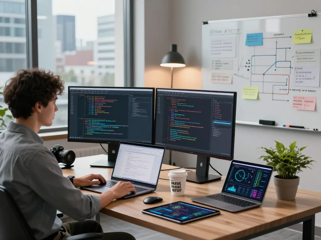 Dynamic coding workspace featuring crush ai with dual monitors and innovative tools.