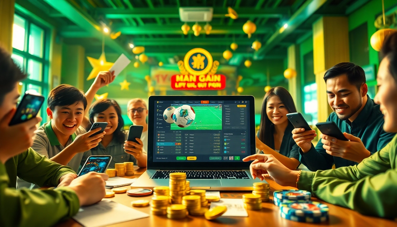 nhà cái uy tín represented through a vibrant betting scene, showcasing modern technology and excited players.