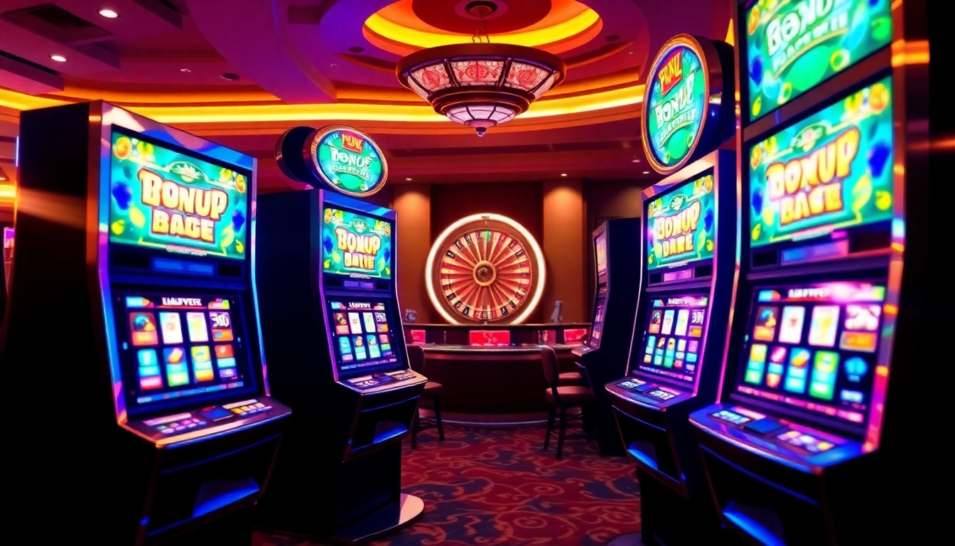 Exciting slot gacor machines in a luxurious casino setting, showcasing vibrant graphics.