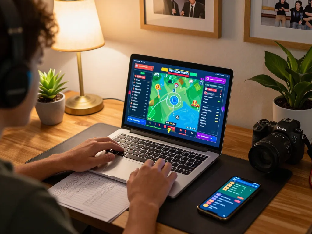 Sitting at home using a laptop to play situs toto with strategic notes nearby for better gameplay