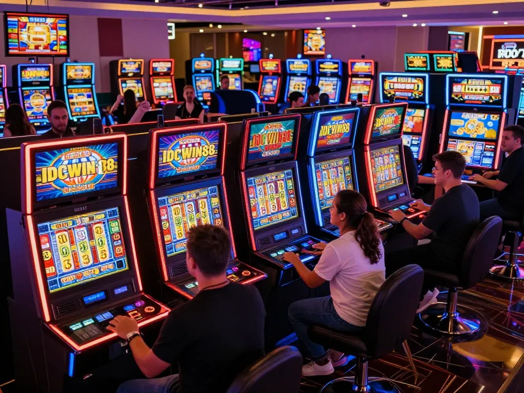 Engaged players enjoying an exciting gaming experience at IDCWIN88's vibrant slot machines.