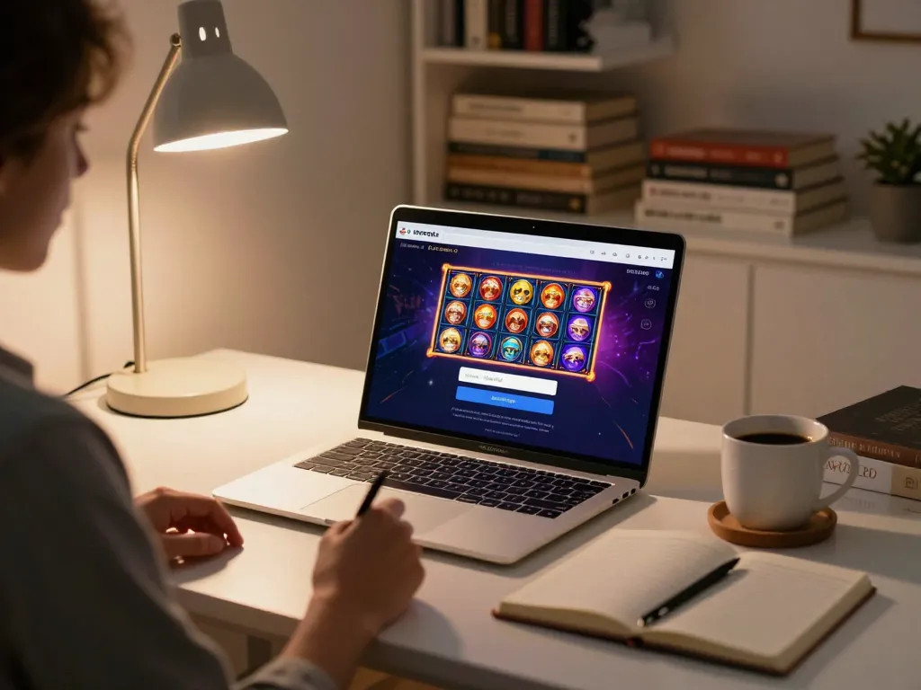 Engaging scene of mpoid login on a laptop, showcasing strategic gaming setup at home.