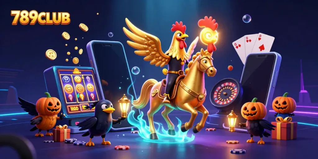 Experience thrilling gaming at 789CLUB with dynamic casino characters and colorful slot games illustration.