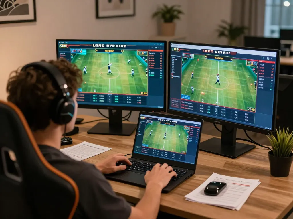 Engaging in LGO GOAL sports betting with multiple screens showing live matches and odds analysis in a modern setup