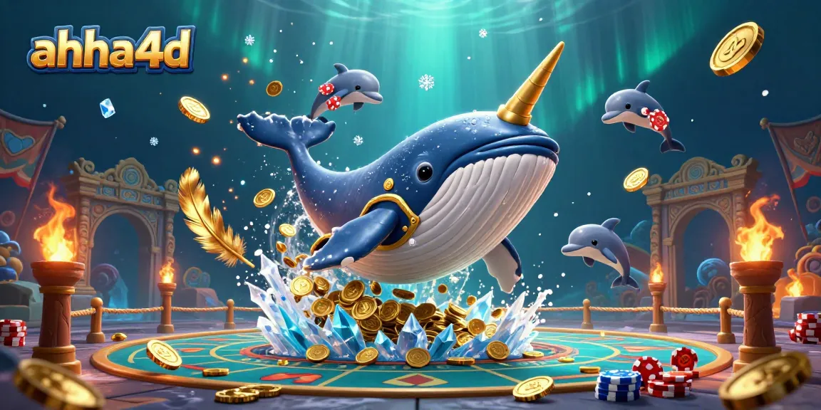 Engage with ahha4d in a vibrant scene showcasing a whale captain amid gold coins and dolphins, capturing online gaming excitement.