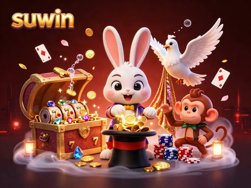 Suwin brings excitement with a magician rabbit, dove, and monkey amidst a vibrant casino scene.