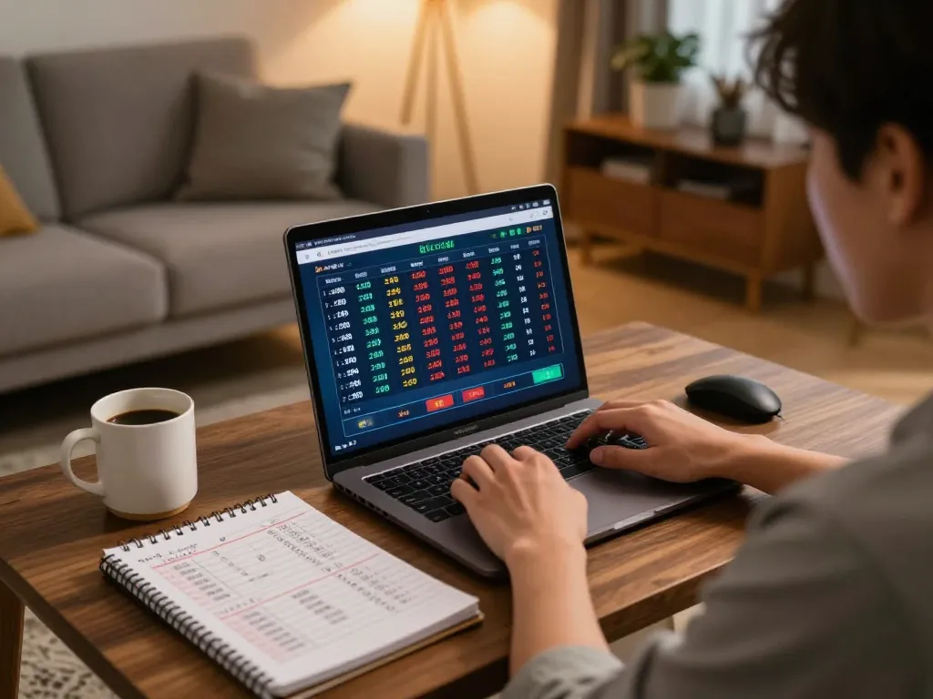 Engaging in lô đề betting on a laptop in a cozy home environment, showcasing strategic planning and responsible gaming.