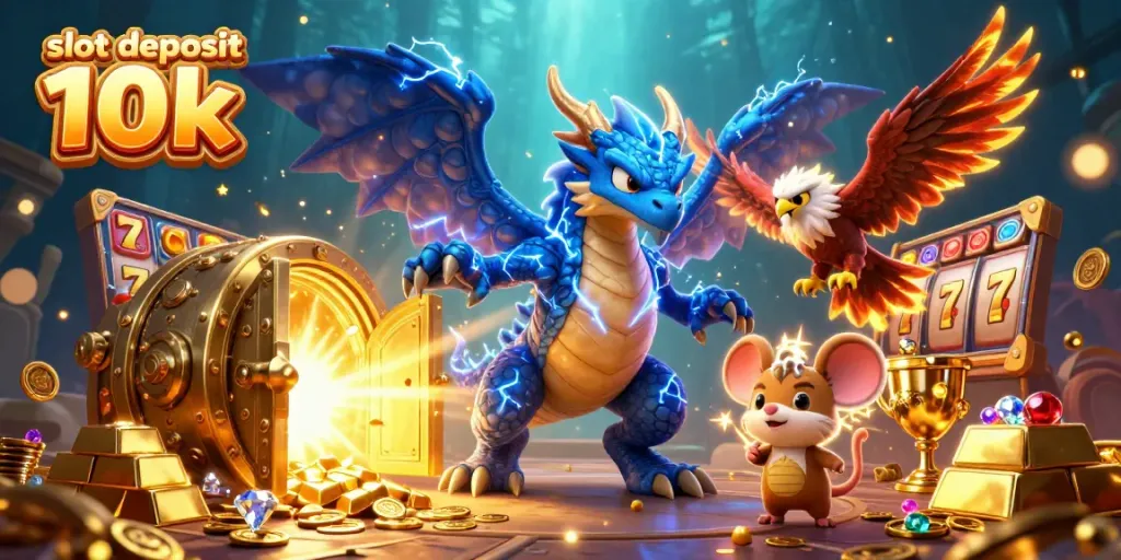 Menangkan slot deposit 10k dengan tampilan gemerlap harta karun dan karakter kucing petir yang kuat.