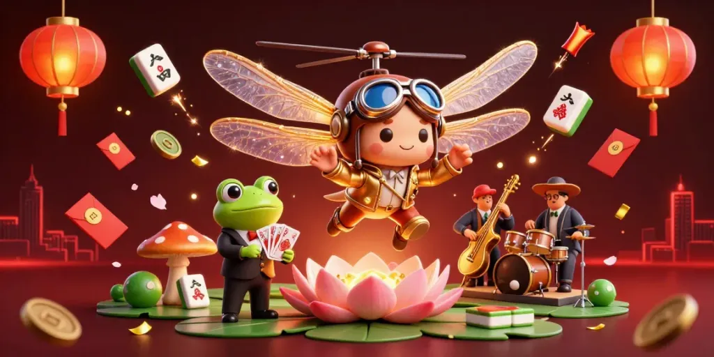 Experience thrilling card deals at MPO08 with a vibrant lily pad casino scene featuring a dragonfly pilot and a frog croupier.
