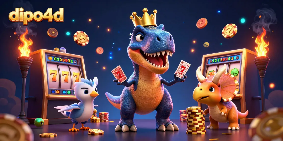 Enjoy thrilling slots with dipo4d as a T-Rex and friends celebrate wins in a vibrant casino scene.