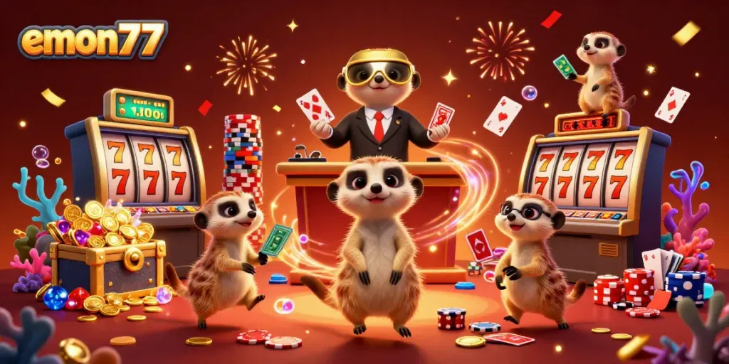 Experience the excitement of emon77 with a vibrant meerkat casino scene showcasing lively card games and jackpot thrills.