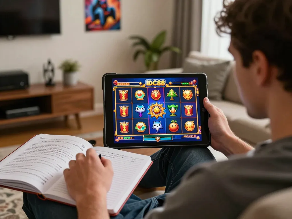 IDC88 JOKER player winning on online slot game from a cozy home setup with strategies visible.