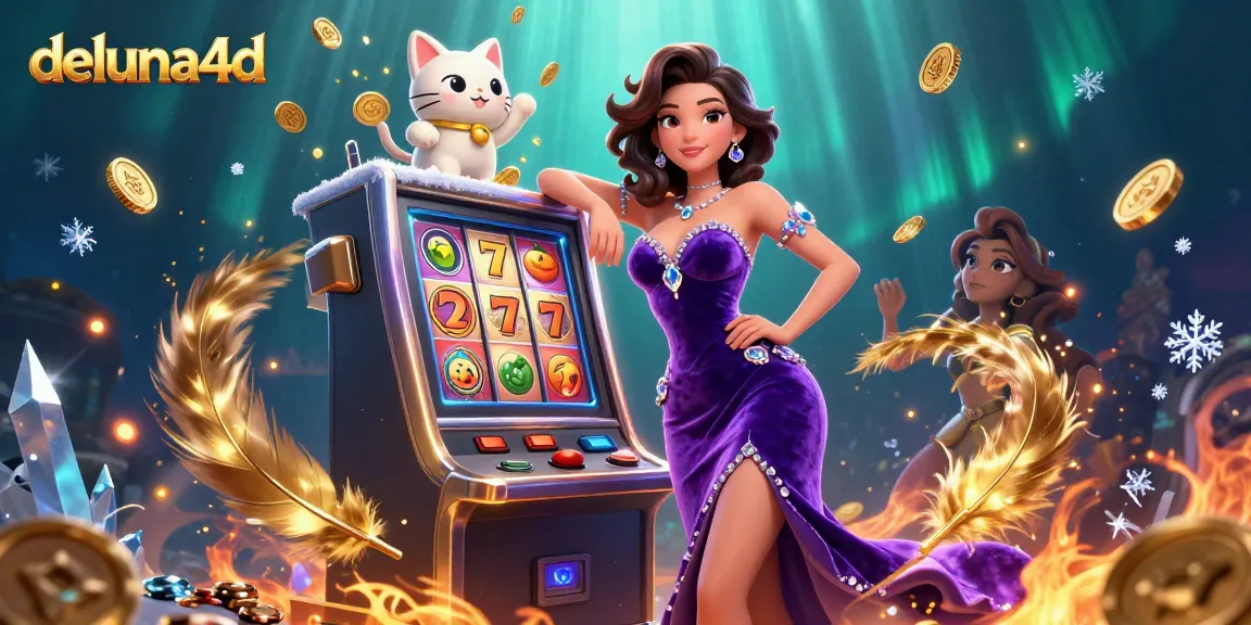 Spin the reels at deluna4d with a glamorous woman and a waving fortune cat, surrounded by golden coins.