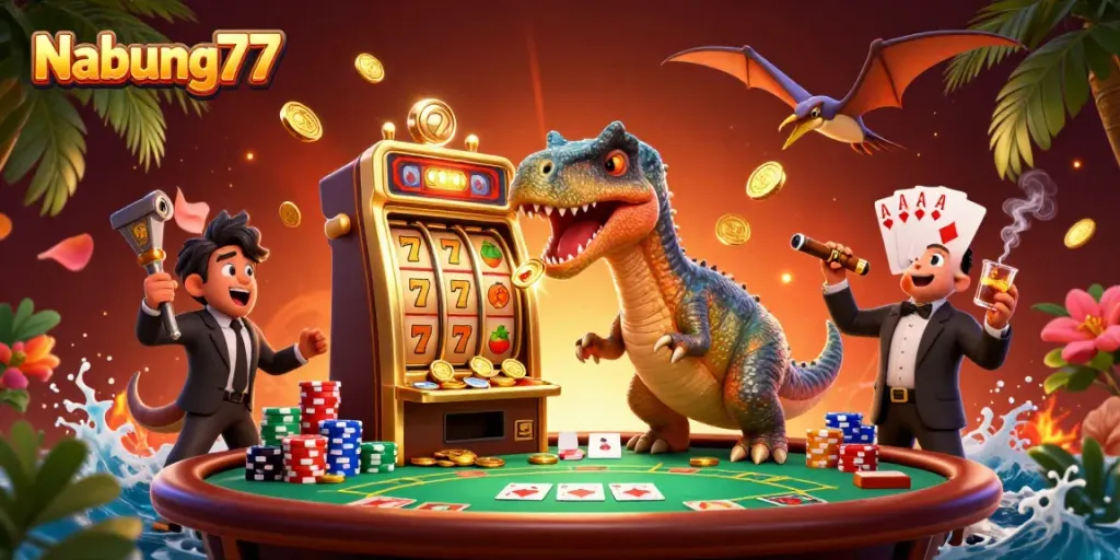 Nabung77 meluncurkan permainan dengan dinosaurus dan mesin slot, suasana kasino yang penuh energi.