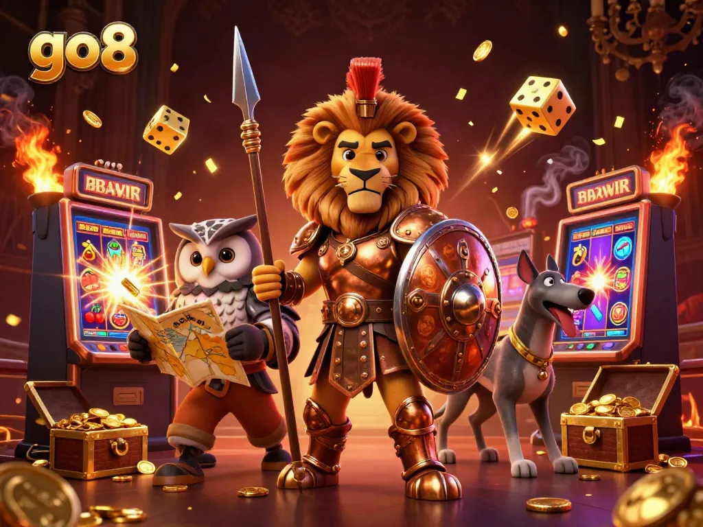Experience thrilling gameplay at GO8 with a dynamic 3D scene of a Spartan lion and casino elements.