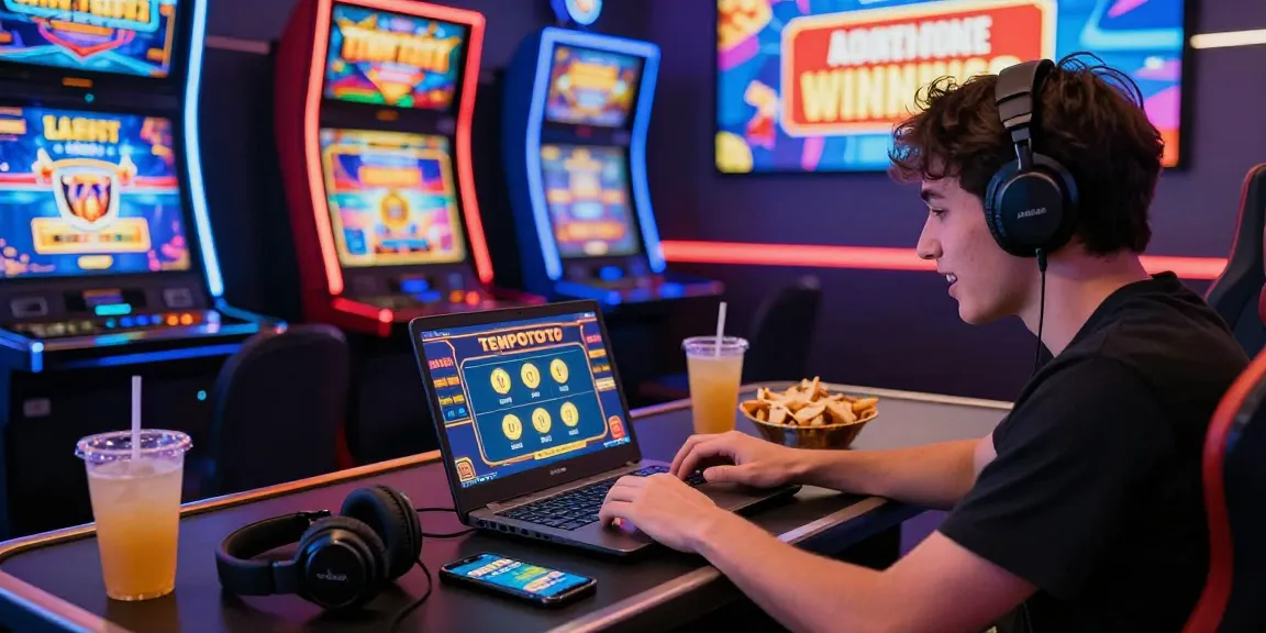 Player celebrating a win during tempototo login on live casino game with vibrant slot machines and gaming accessories