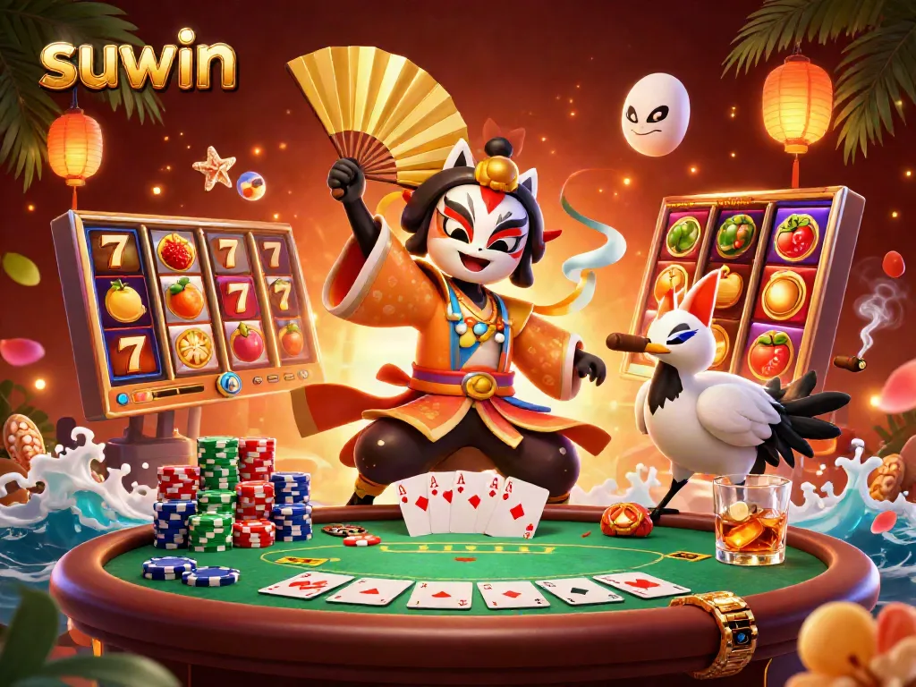 Experience suwin's excitement in a vibrant online casino scene showcasing dynamic slot reels and characters.