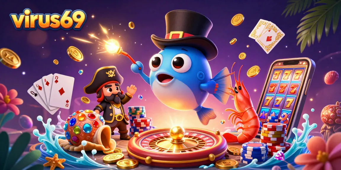 Engage with the vibrant atmosphere of virus69, featuring lively characters and dynamic casino elements.