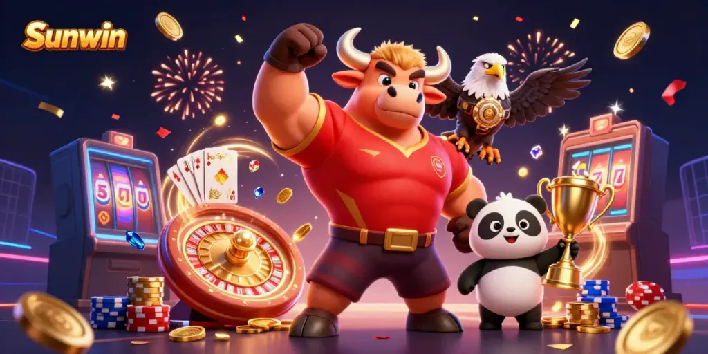 Sunwin celebrates victories with a dynamic casino-themed scene featuring a mascot, eagle, and panda.