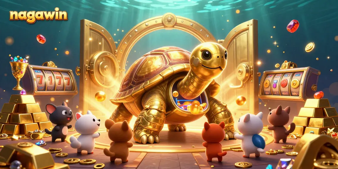 Spin and win at nagawin with vibrant slot reels and golden treasures in an exciting casino scene.