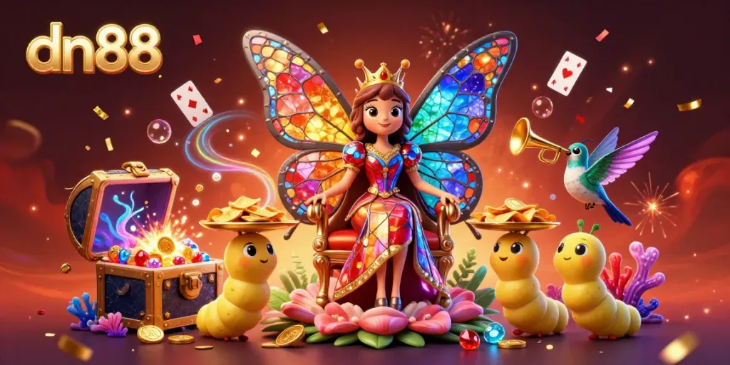 Experience thrilling gaming adventures at dn88 with a vibrant 3D illustration of a butterfly queen and casino treasures.