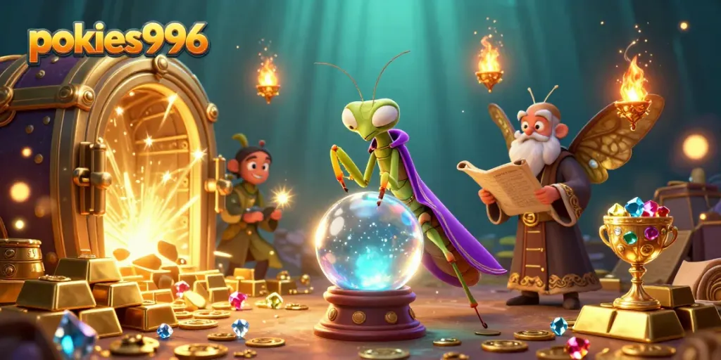 Experience the thrill of pokies996 with a magical fortune teller scene surrounded by treasures and games
