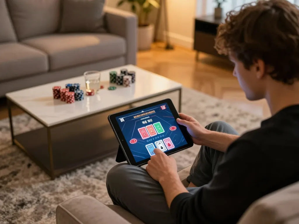 Engaged player at home using jangkar55 to enjoy online poker, showing dynamic gameplay.
