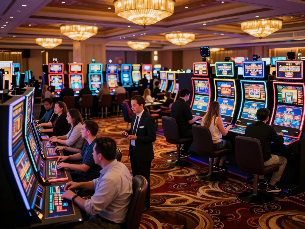 LGO99 players enjoying exciting slot games in a vibrant casino with colorful lighting